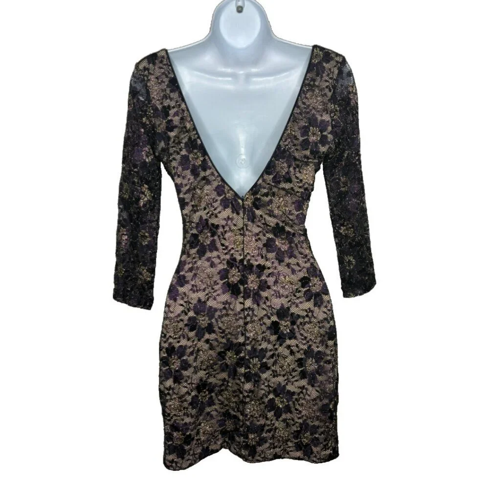 Dress The Population Sz M Purple/Gold Metallic Lace Cocktail Dress  (1554)